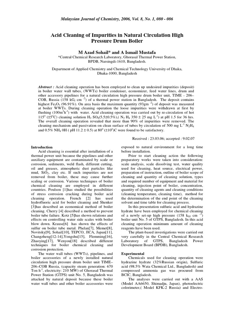 Acid Cleaning of Impurities in Natural Circulation High Pressure Drum