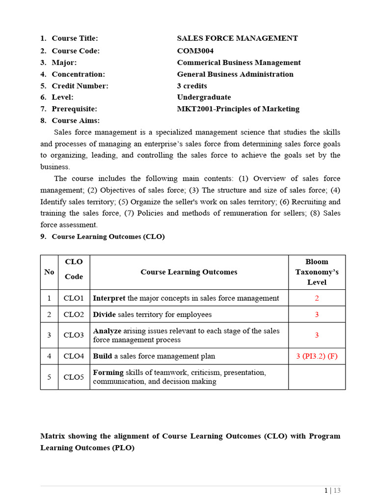 Sales Force Management Course Overview | PDF | Sales | Marketing