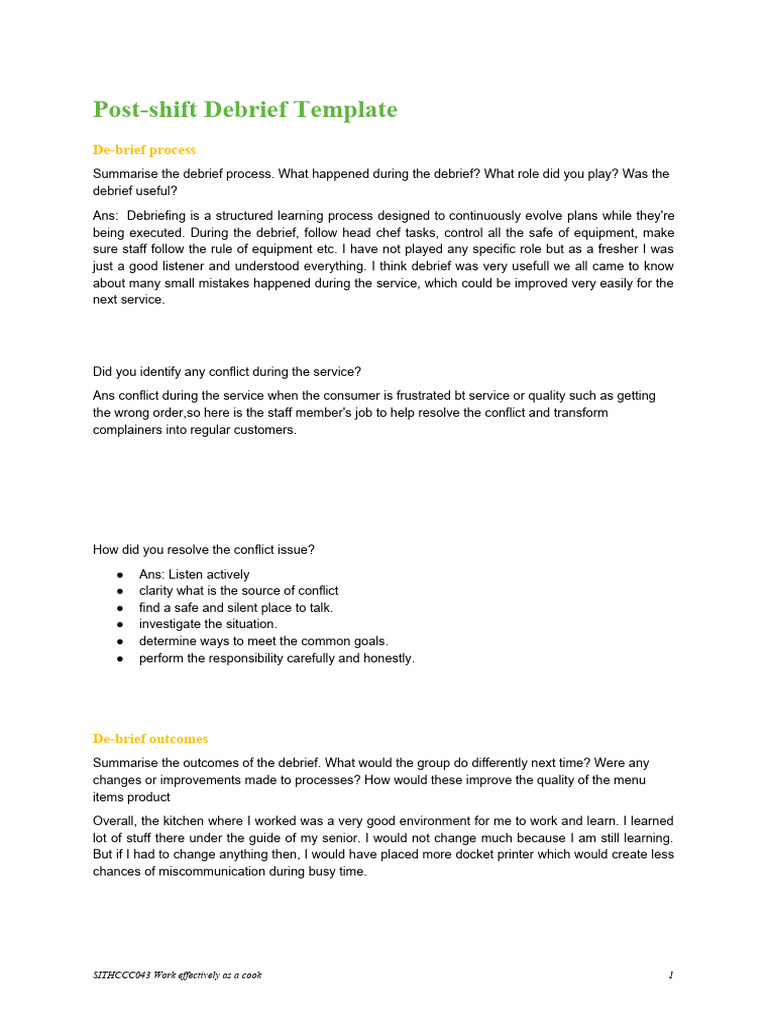 SITHCCC043 Debrief Template (Aman) PDF