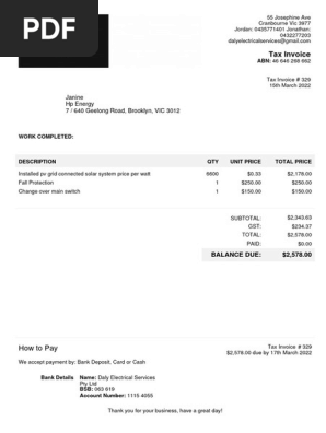 Daly Electrical Services PTY LTD Invoice #329