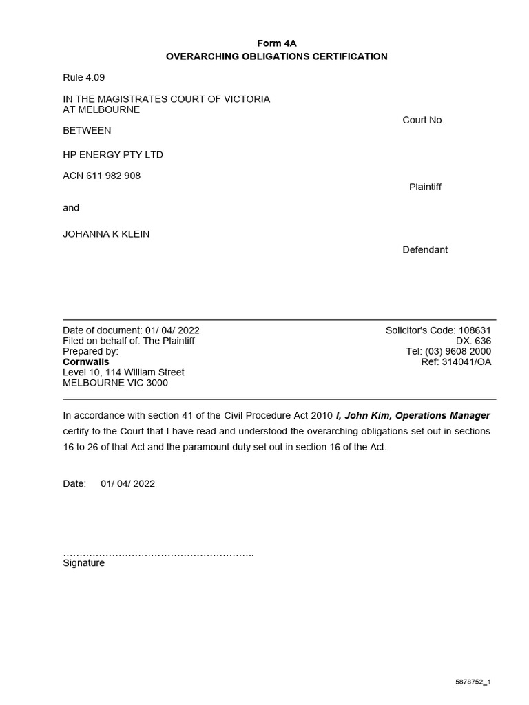 Form 4A Overarching Obligations Certification | PDF