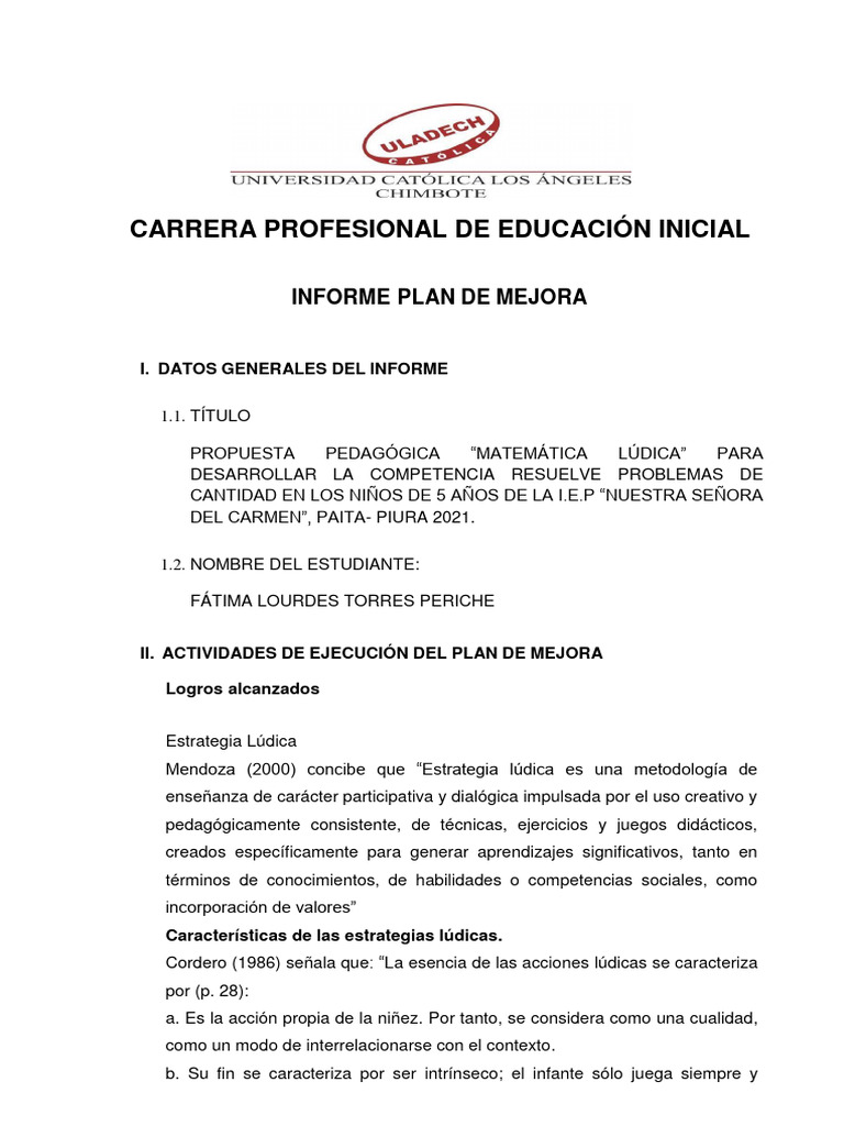 Informe Plan de Mejora | PDF | Aprendizaje | Enseñando