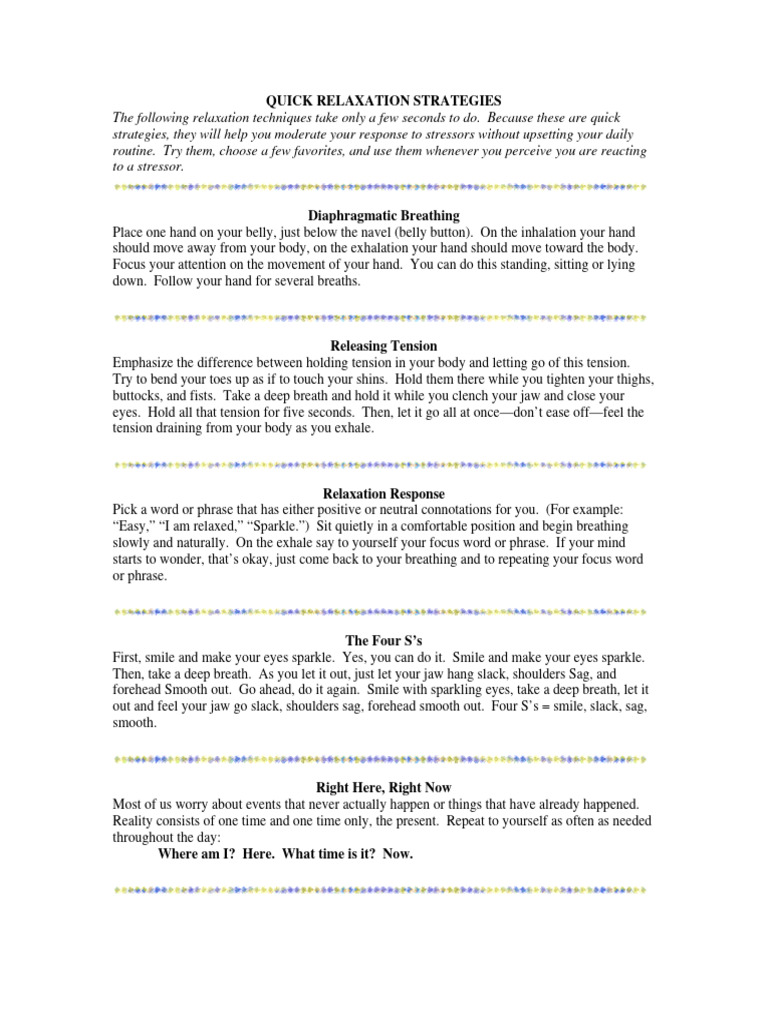 Quick Relaxation Techniques Guide | PDF | Breathing | Relaxation ...