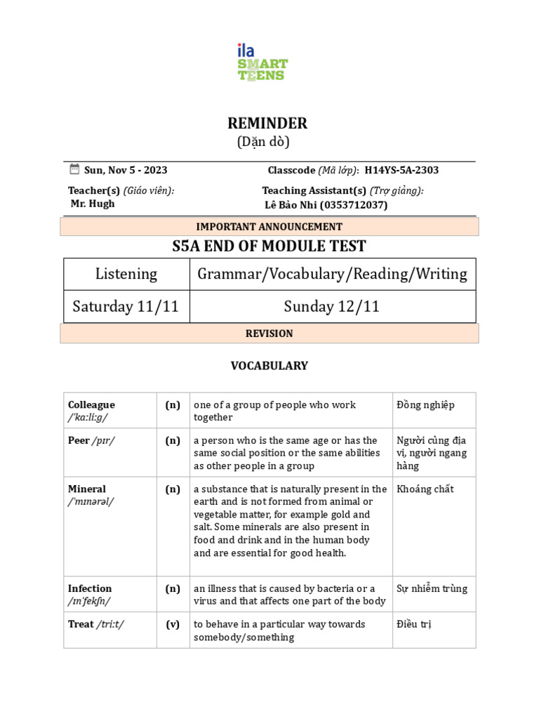 S5A Test & Vocabulary Revision | PDF | Linguistics | Grammar