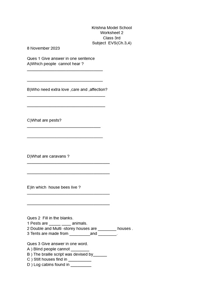 Worksheet Evs Class 3rd | PDF