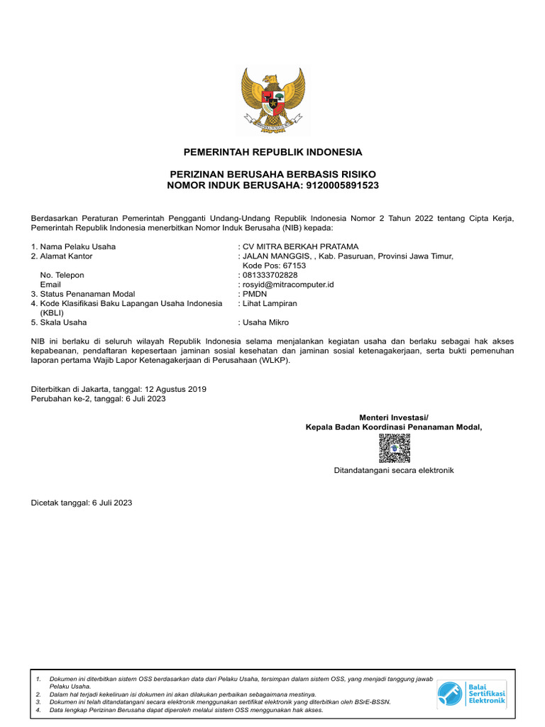 NIB RBA - 9120005891523 (Berbasis Risiko) | PDF