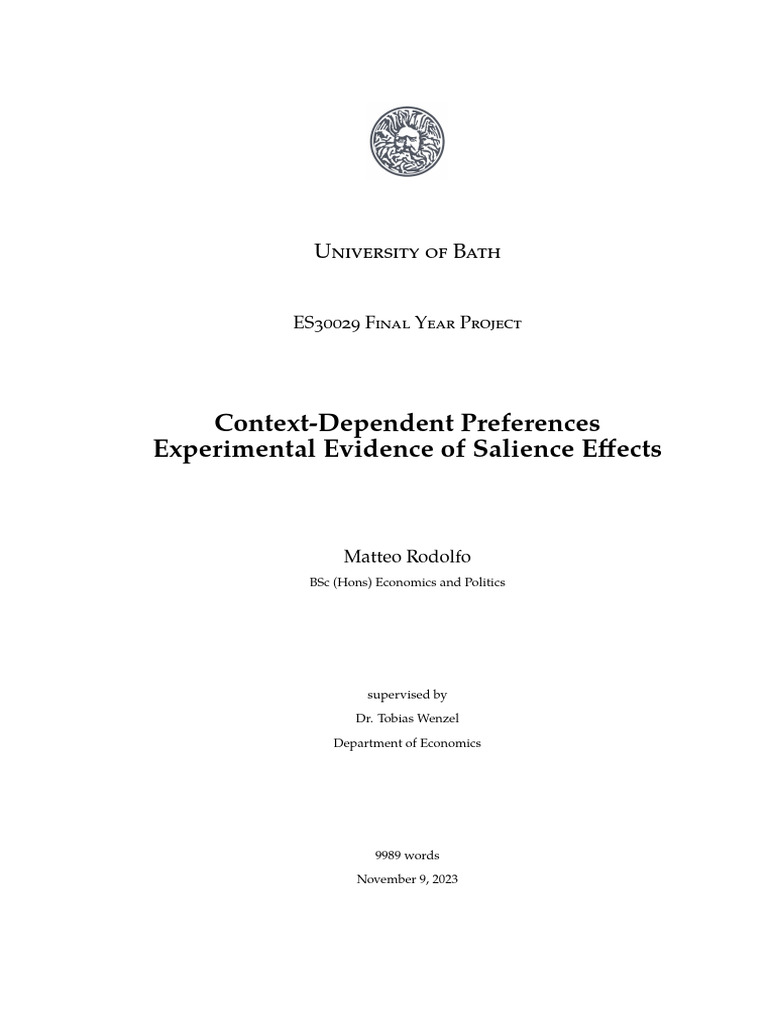 Context Dependent Preferences Experimental Behavioural Economics Paper