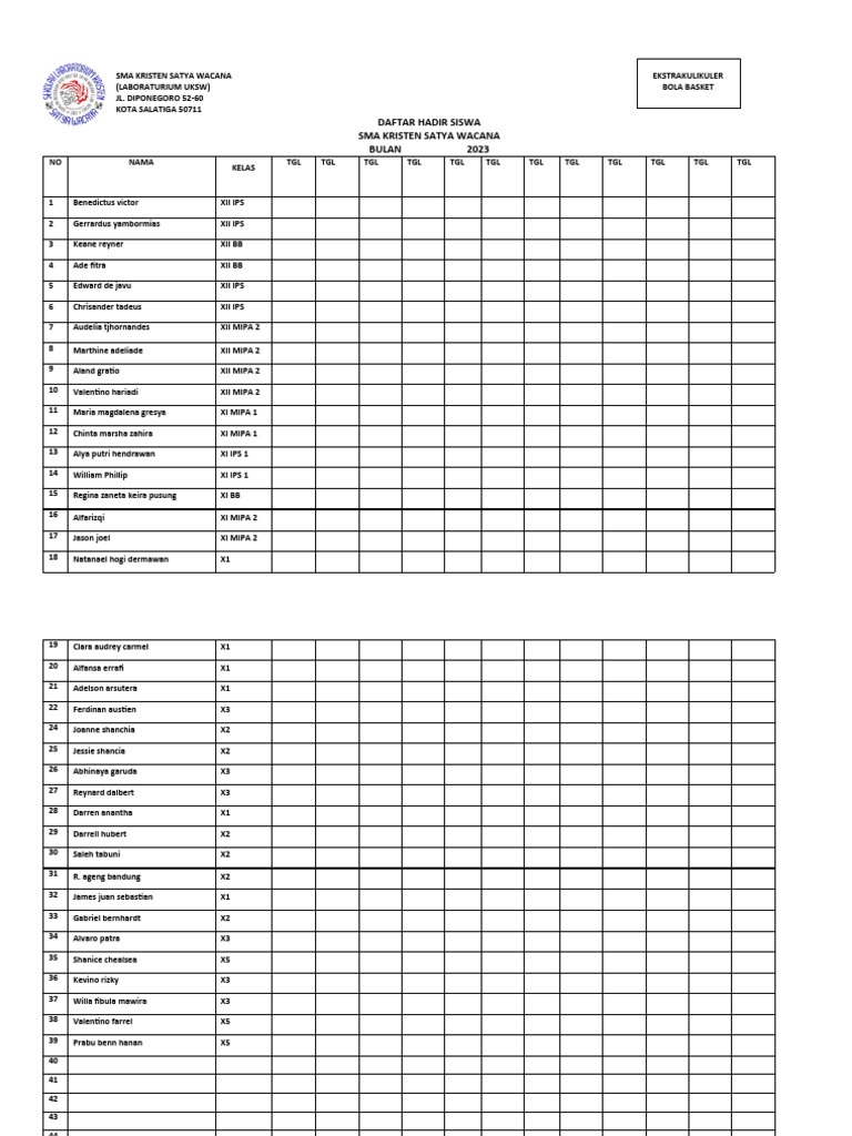 Daftar Hadir Ekstrakulikuler Sma Lab1 PDF