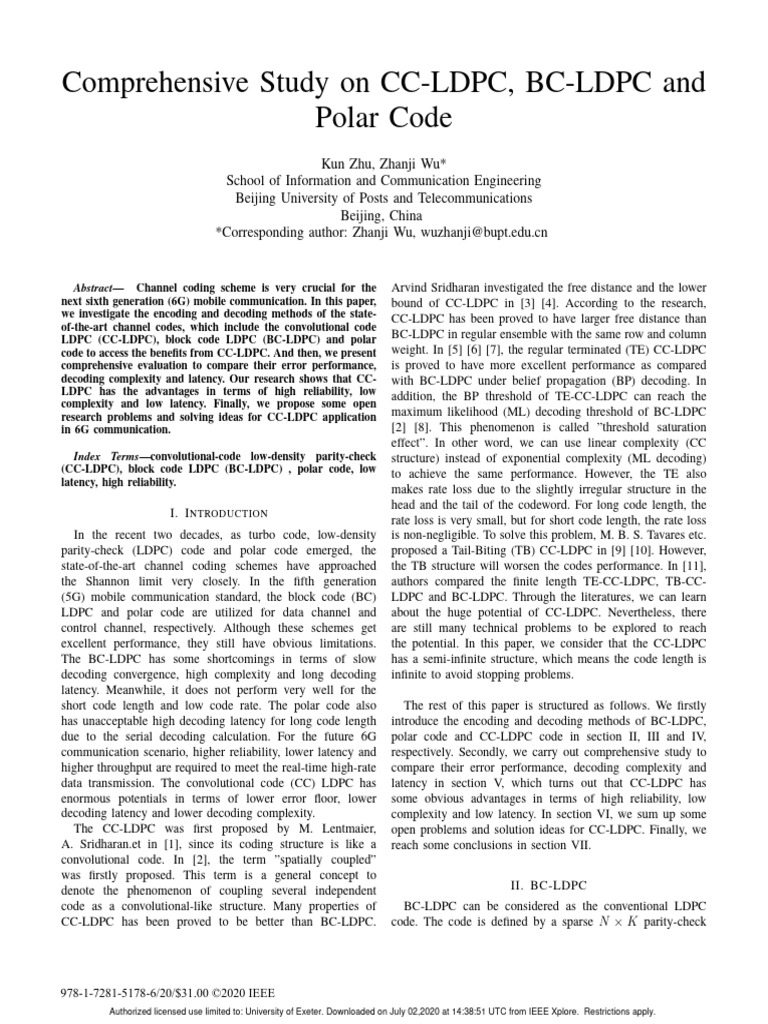 10 1109@WCNCW48565 2020 9124897 | PDF | Low Density Parity Check Code ...