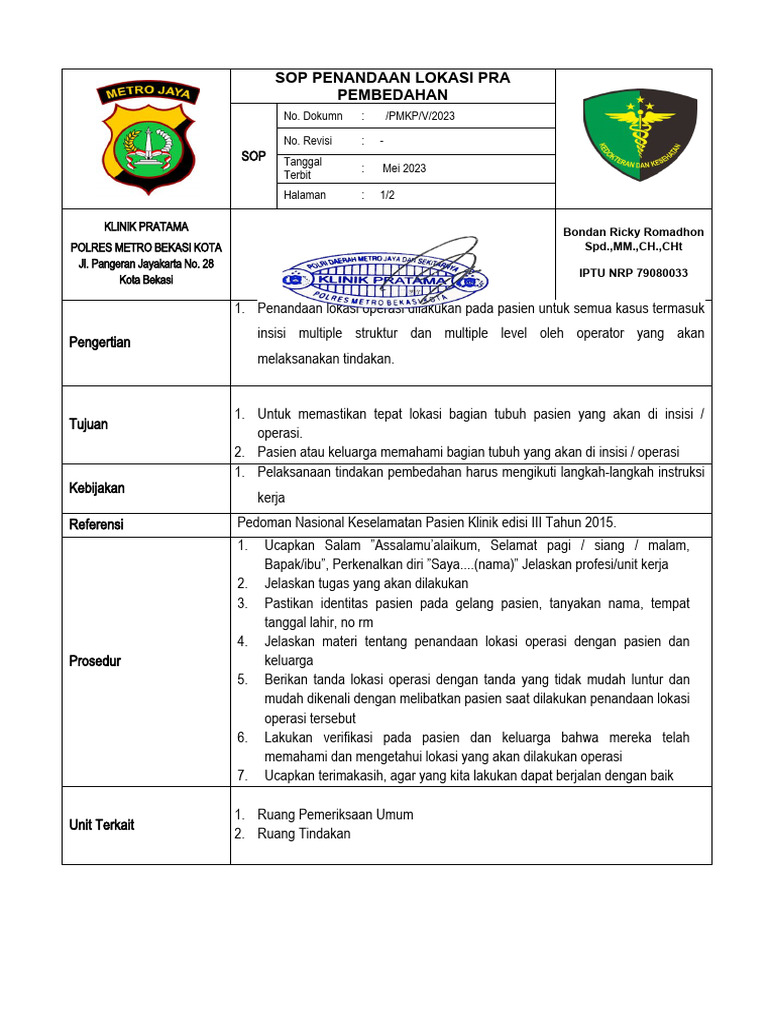 SOP Penandaan Lokasi Operasi Pra-Pembedahan | PDF