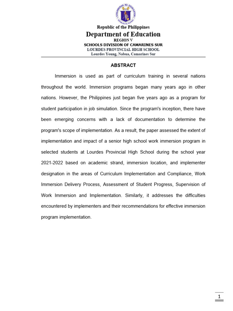 The Impact of The Work Immersion Program PDF Self Efficacy Grit