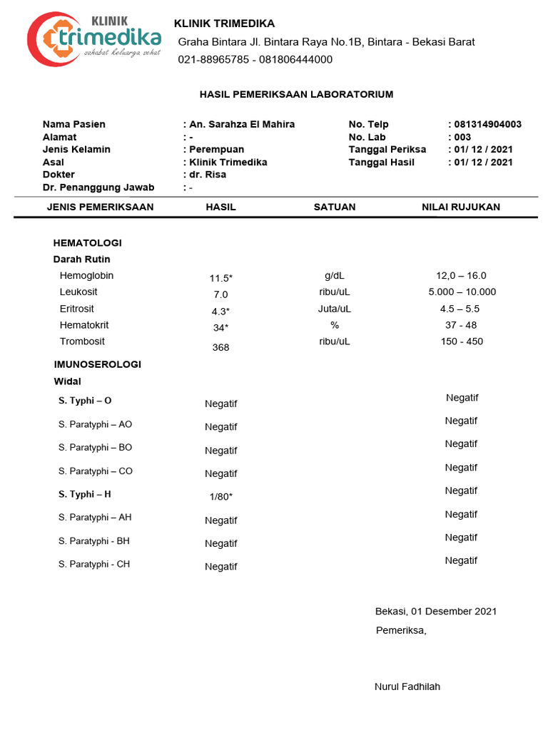 Hasil Lab Widal Pasien Sarahza El Mahira | PDF