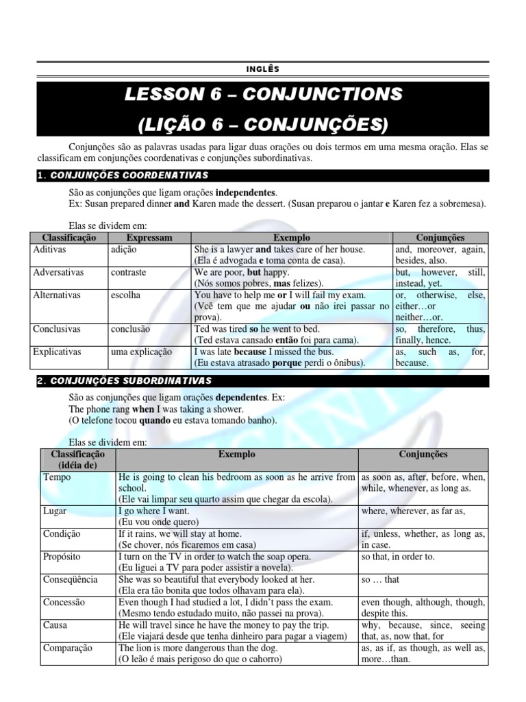 Conjunções em Inglês: Tipos e Exemplos | PDF | Vocabulário | Filologia