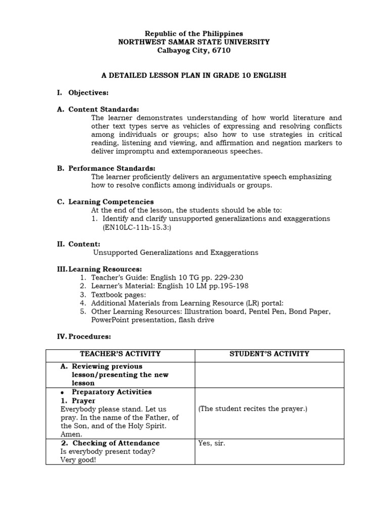 Grade 10 English Lesson Plan: Generalizations | PDF | Lesson Plan | Prayer