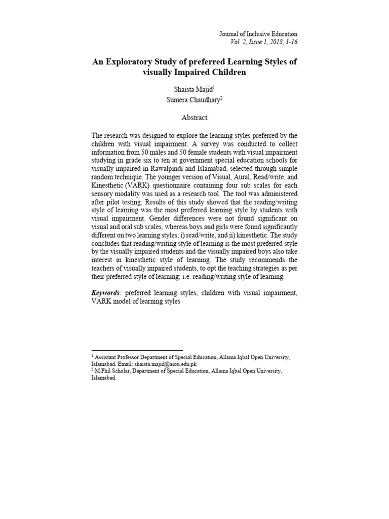 Learning Styles in Visually Impaired Kids | PDF | Learning Styles ...