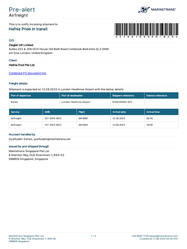 Pre Alert SYA6109350 823 1 PDF Cargo Freight Transport