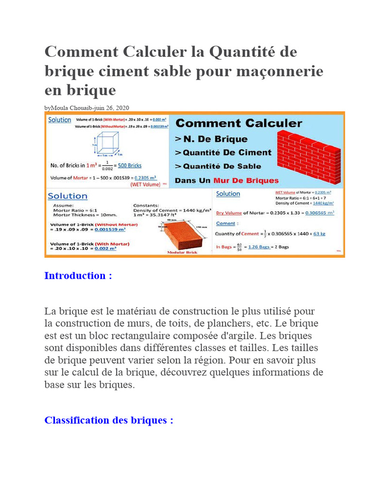Comment Calculer La Quantité de Brique Ciment Sable Pour Maçonnerie en — free download