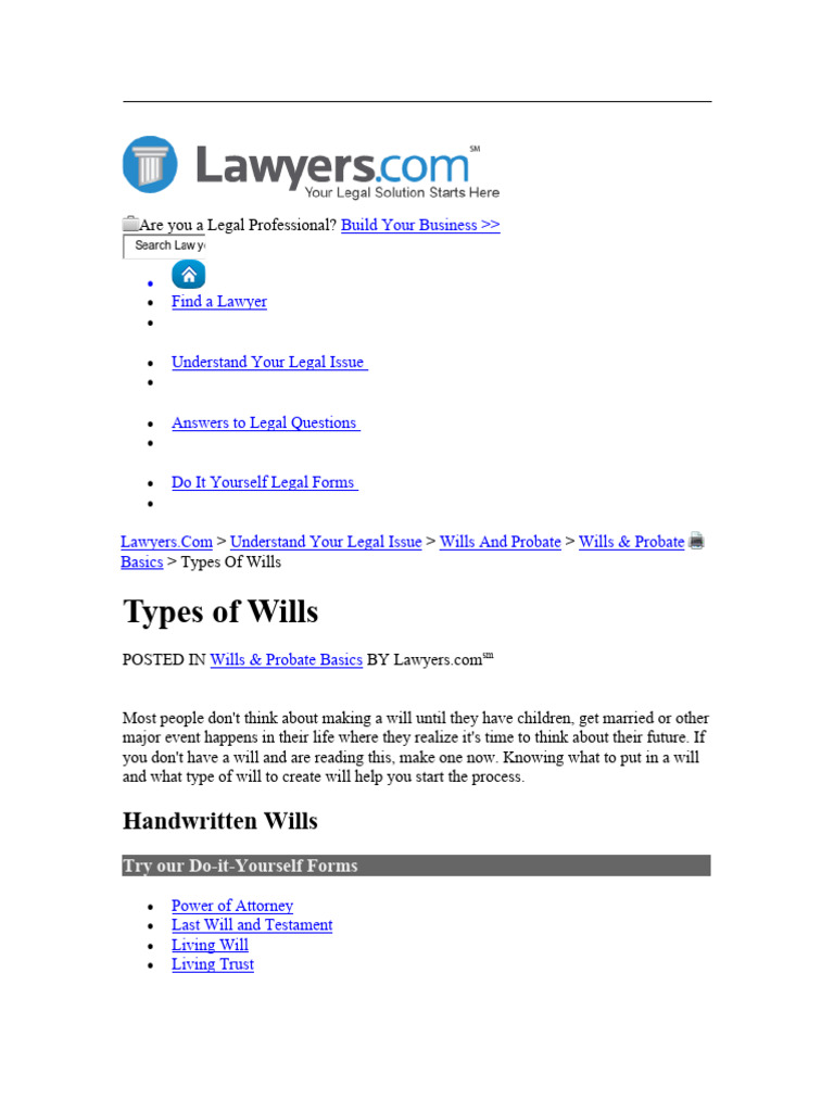 Types of Wills PDF Will And Testament Probate