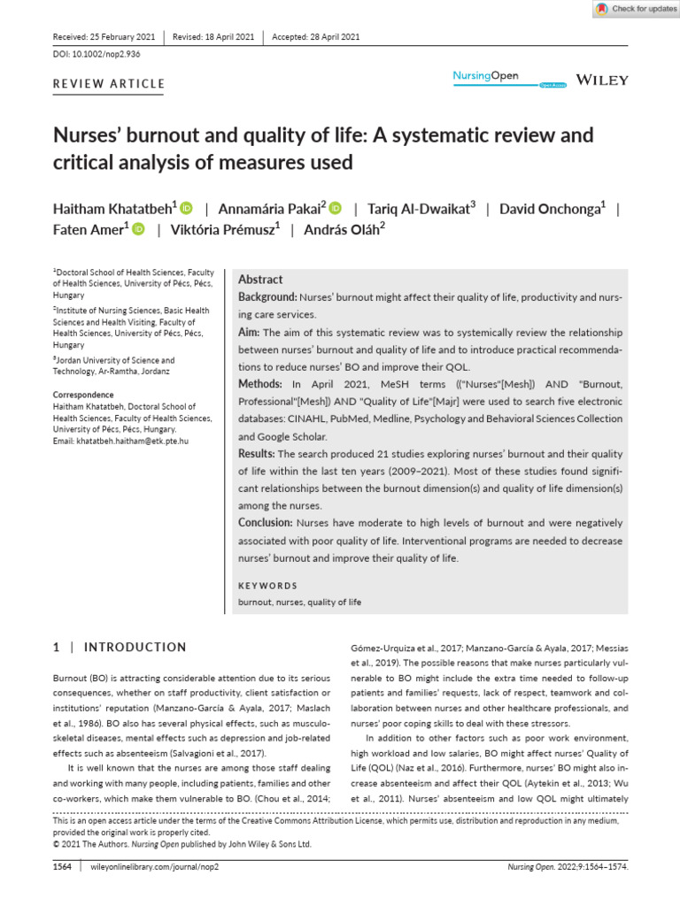 Nursing Open - 2021 - Khatatbeh - Nurses Burnout and Quality of Life A ...