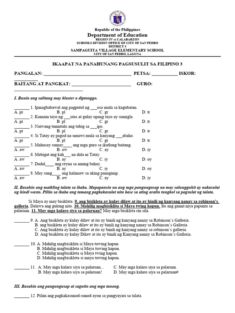 Ikaapat Na Panahunang-Pagsusulit-Sa-Filipino3-With-Tos-And-Ktc | PDF