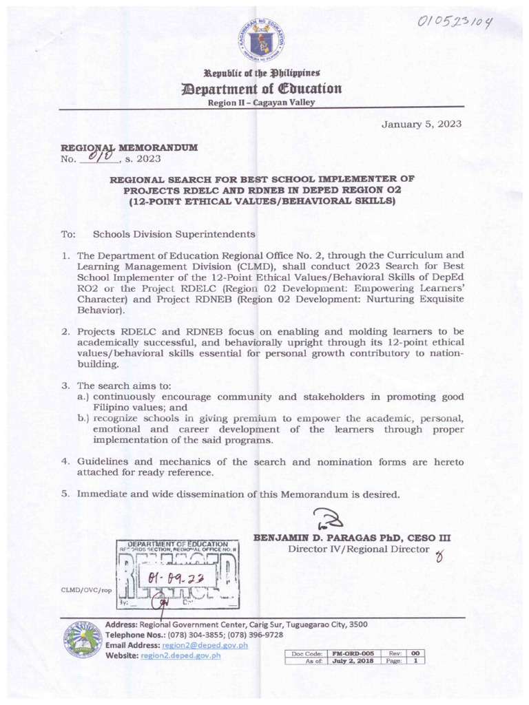 Rm no 010 s 2023 regional search for best school implementer of