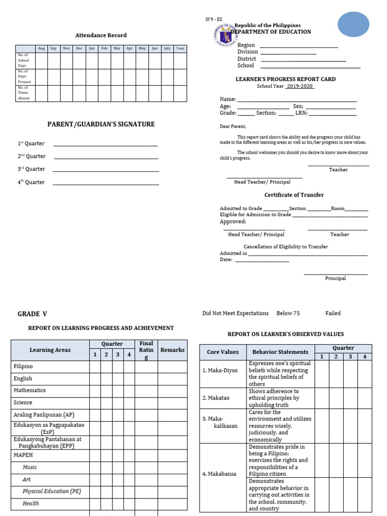 School Form 9 Sf9 Learner S Progress Report Card Templates D
