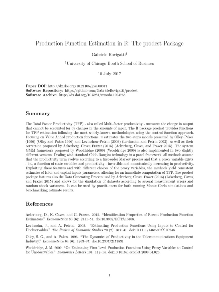 Production Function Estimation in R The Prodest Pa | PDF | Production ...