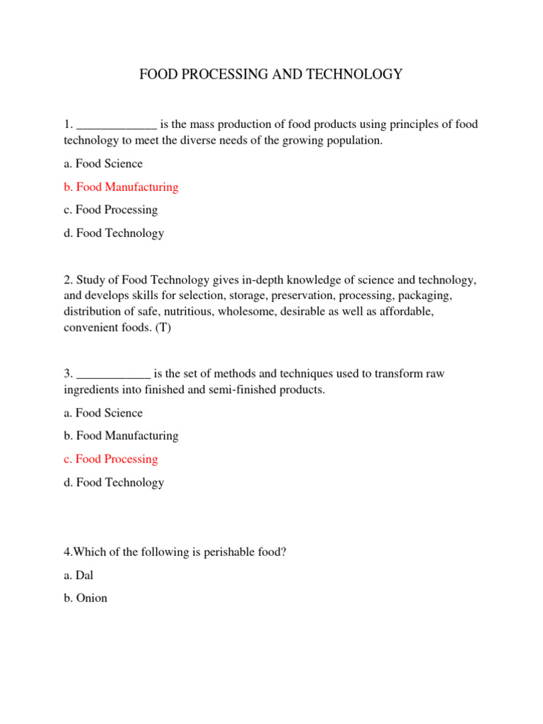 Worksheet_food processing and technology PDF Foods Food Processing