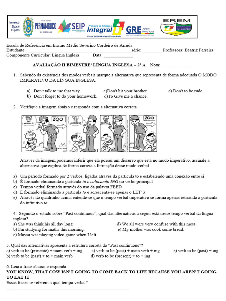 Avaliação de Inglês - 2º Ano Ensino Médio | PDF | Artes Linguísticas e ...