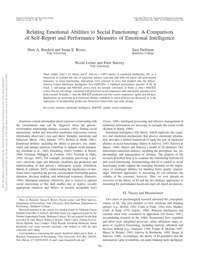 Brackett 2006 relating emotional abilities to social functioning a