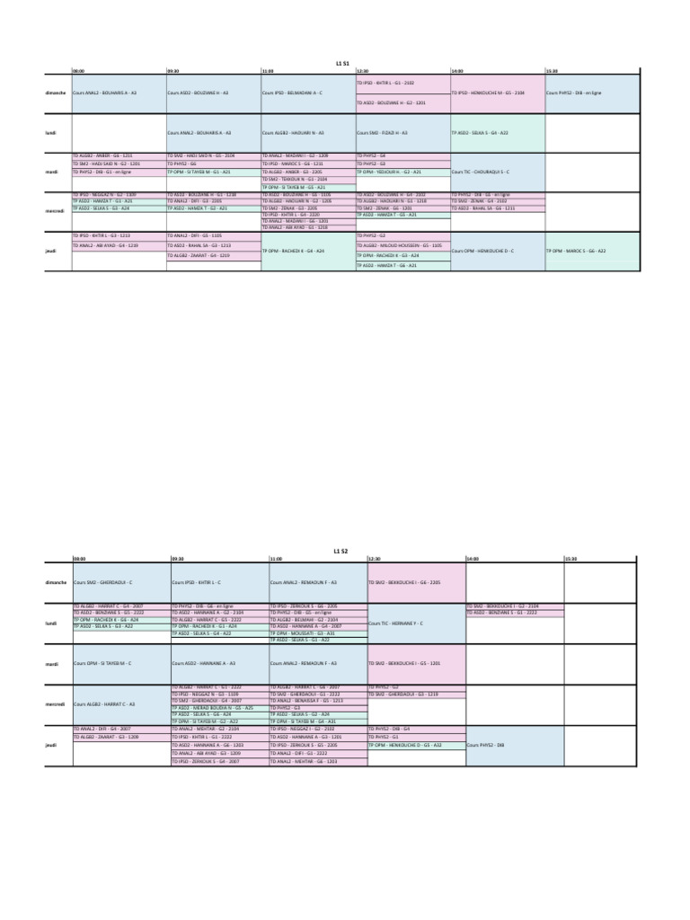 Emploi du temps des cours L1 S1 à S3 | PDF