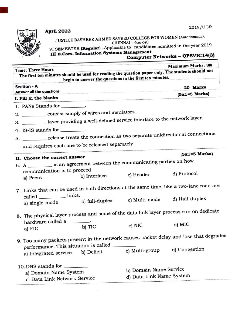 Computer Networks Sample Question Papers PDF