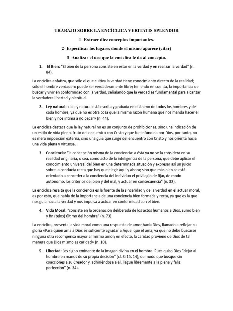 Trabajo Sobre La Encíclica Veritatis Splendor | PDF | Moralidad | Verdad