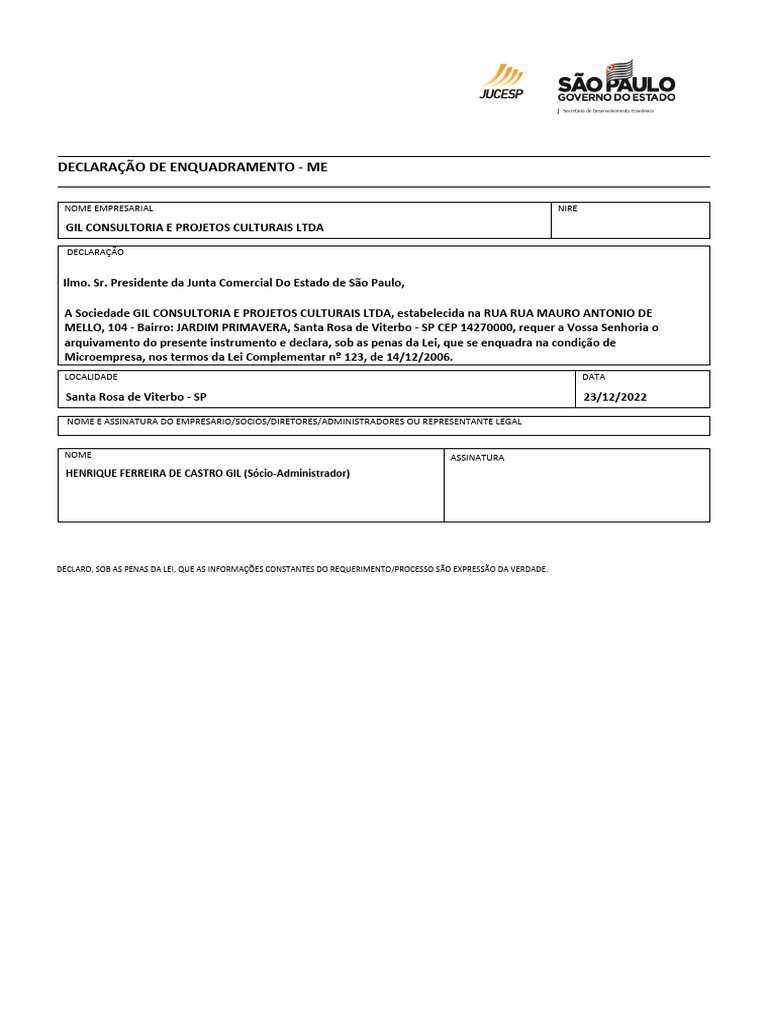 Documento declara o de enquadramento pdf