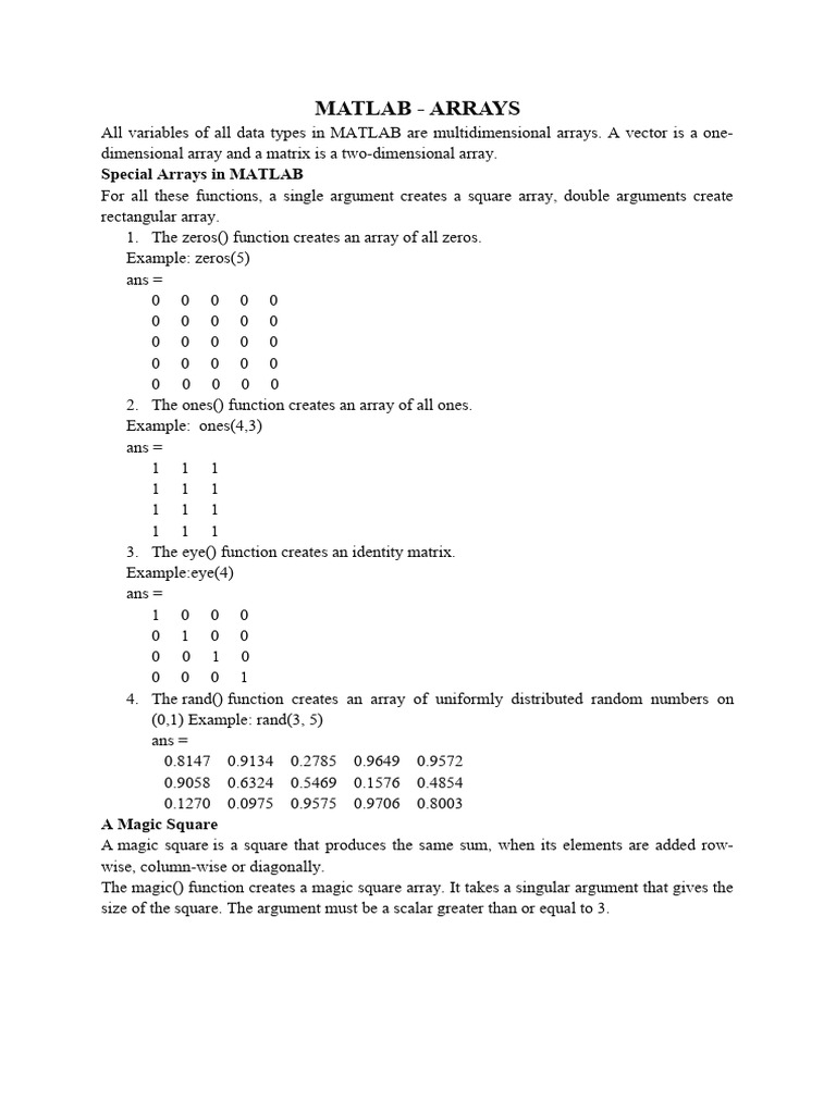 Matlab Arrays | PDF | Matrix (Mathematics) | Mathematical Objects