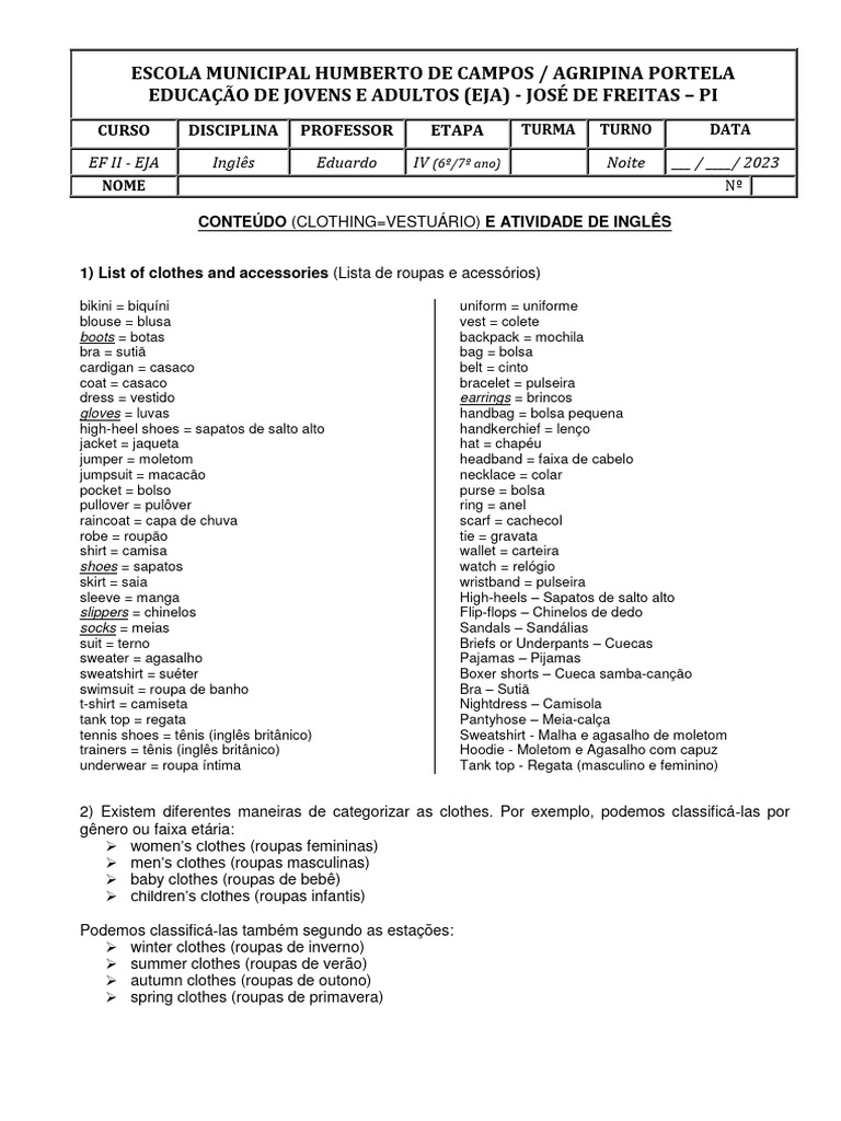 Atividade clothes iv etapa para prova 7 download gr tis pdf