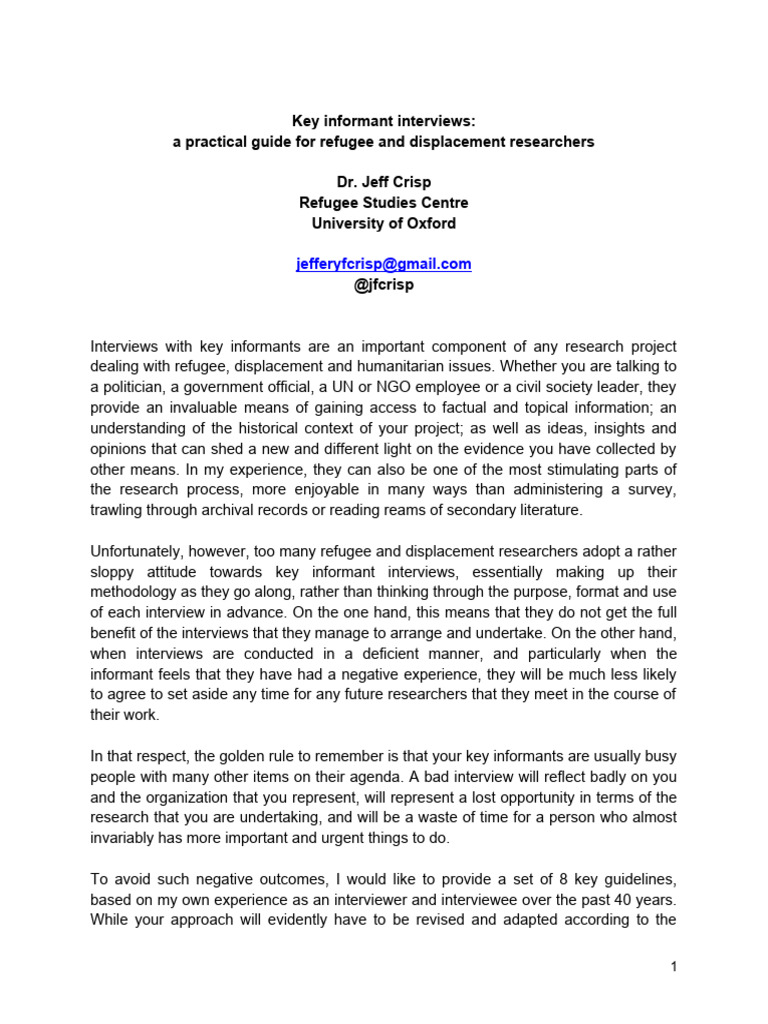 Key Informant Interviews: A Practical Guide For Refugee and ...