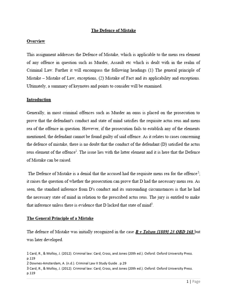 Defence of Mistake in Criminal Law | PDF | Mens Rea | Public Sphere