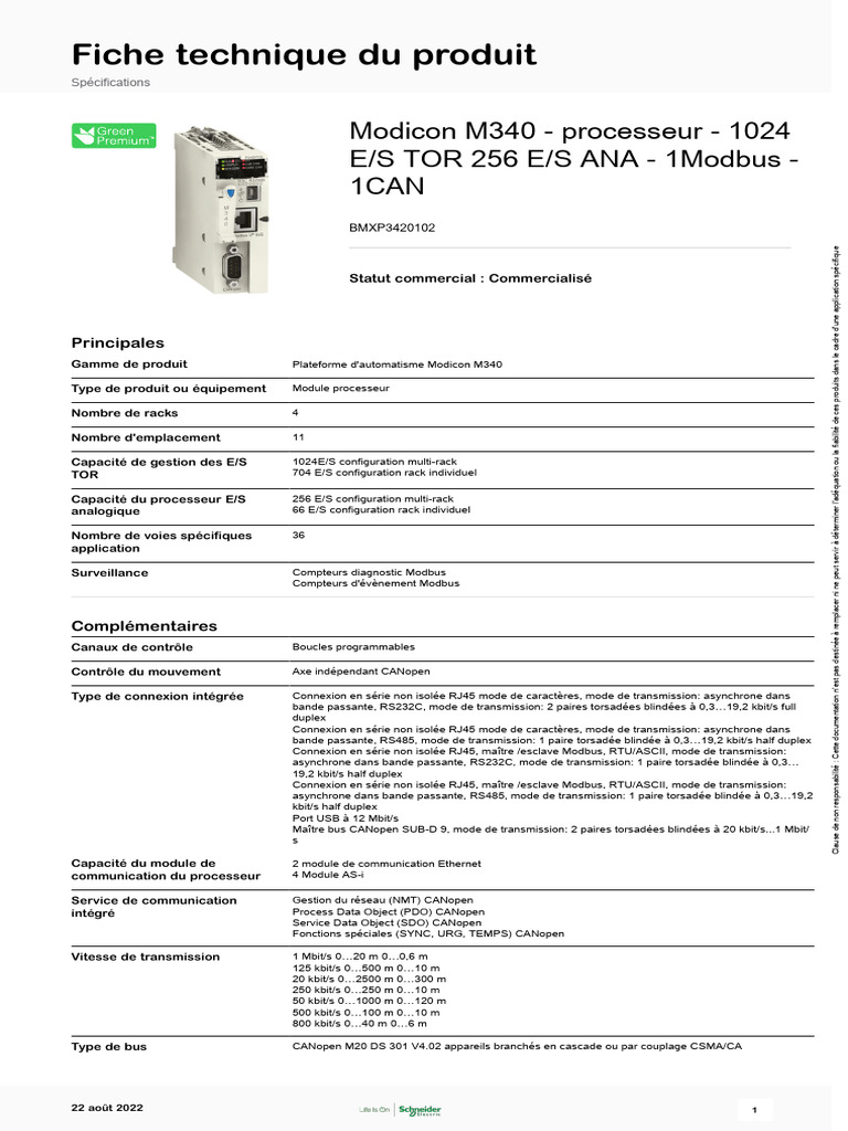 Fiche technique Modicon M340 BMXP3420102 | PDF | Débit binaire | Entrée ...