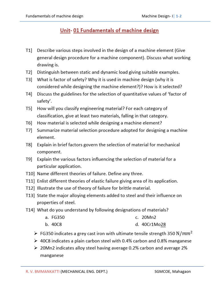 Unit 01 Fundamentals of Machine Design (Question Bank) | Download Free ...