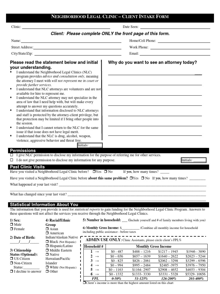 Neighborhood Legal Clinic Intake Form | PDF | Race And Ethnicity In The ...