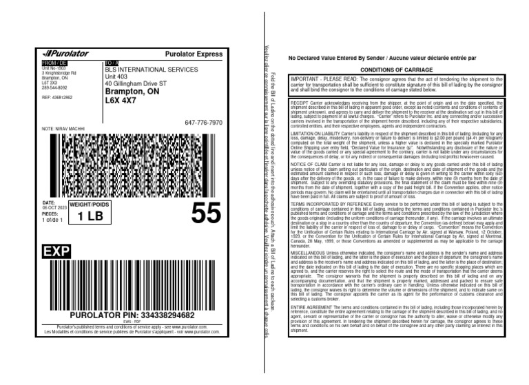 Purolator Label PDF PDF Cargo Bill Of Lading