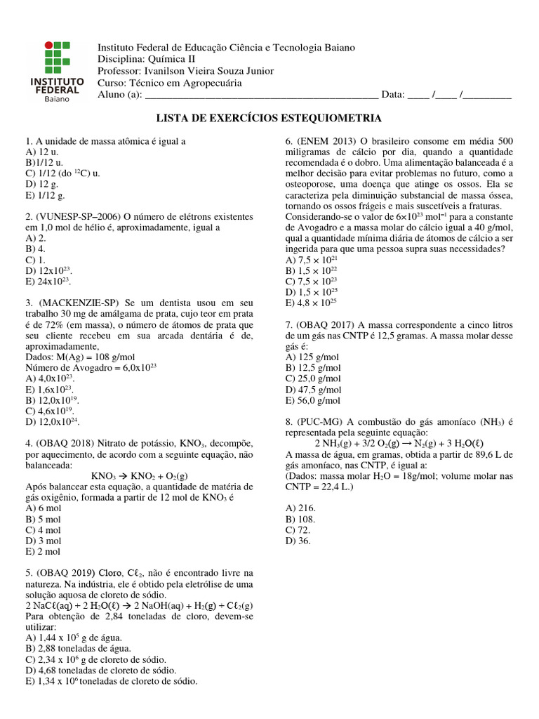 Lista de Exercícios Estequiometria | PDF | Dióxido de carbono | Ácido ...