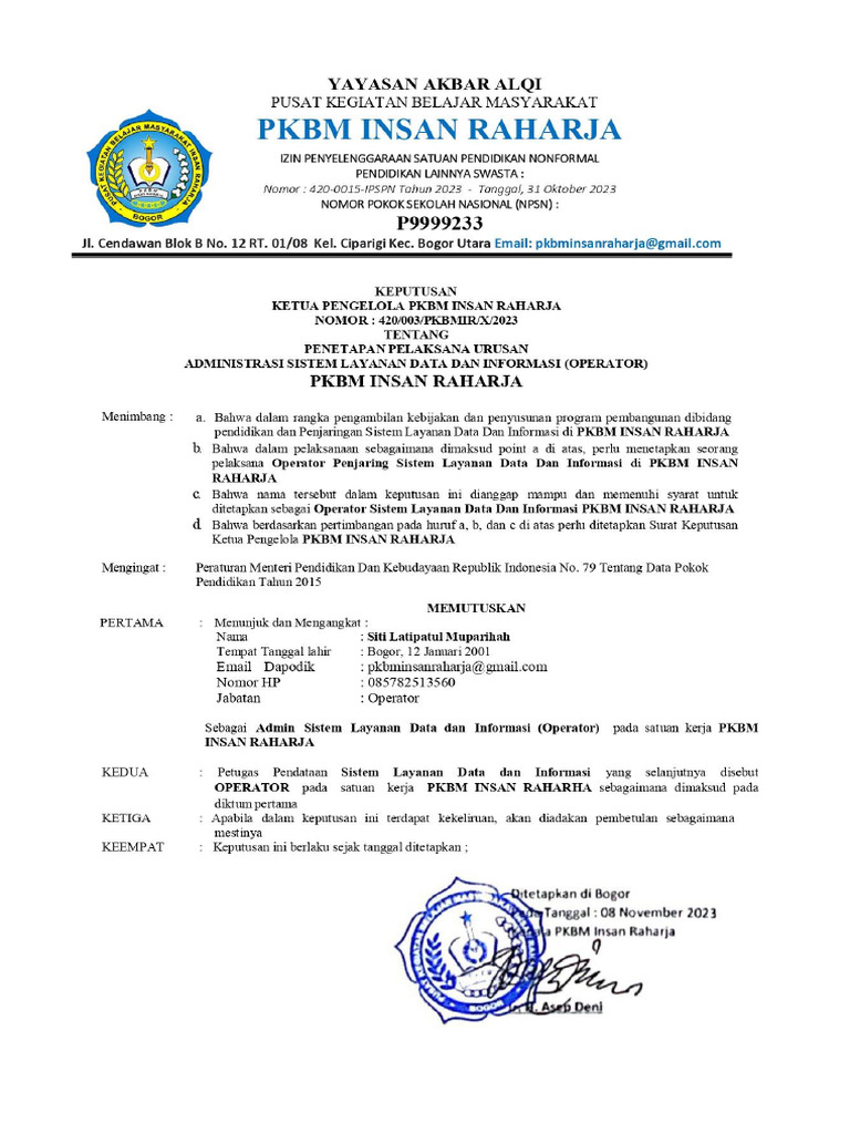 Sk Operator Dapodik Pdf