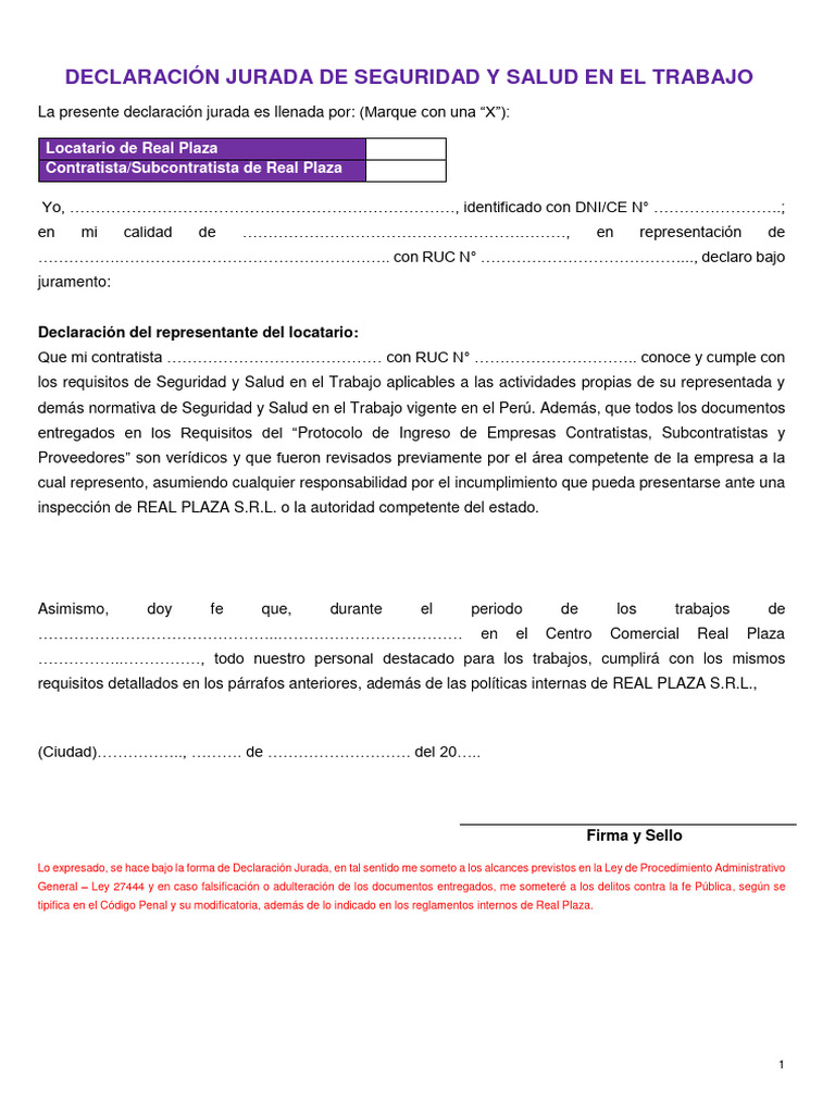 Modelo De Declaracion Jurada De No Tener Trabajo