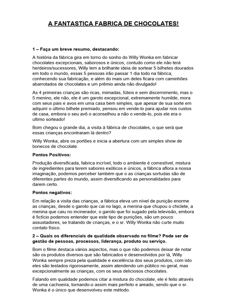 A Fantástica Fábrica de Chocolates: Qualidade e Inovação | PDF ...