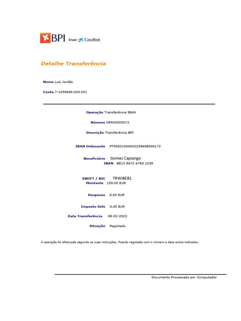 Comprovativo de Transferência BPI | PDF