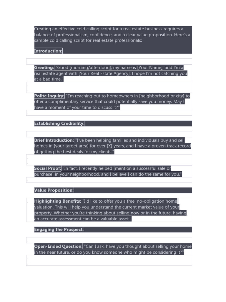 Cold Calling Script About Real Estate Business Pdf Estate Agent