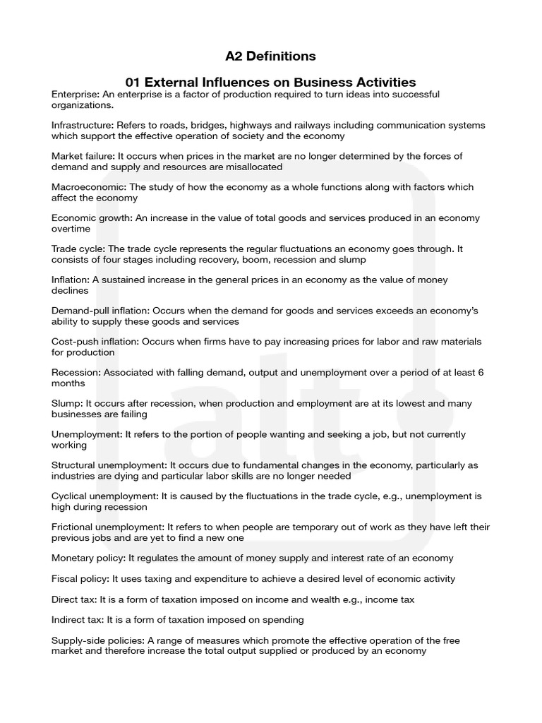 A2 Definitions 01 External Influences On Business Activities | PDF ...