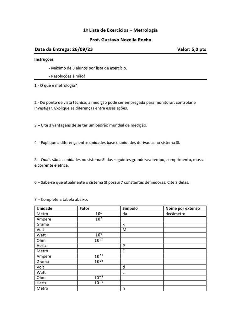 1ª Lista de Exercícios 1 | PDF | Sistema internacional de unidades ...